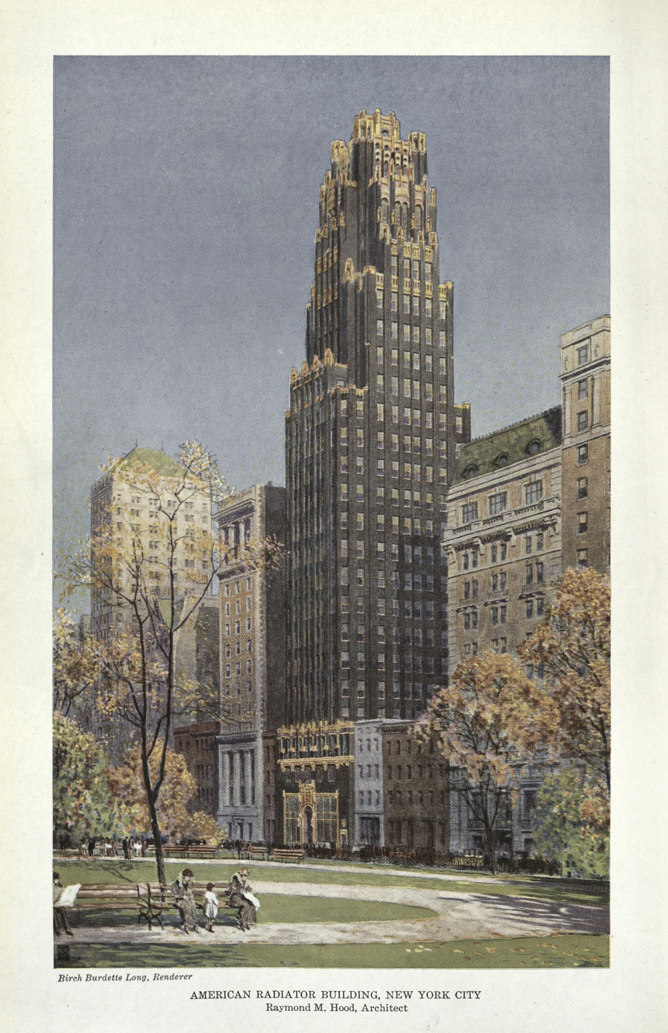 A color print of a black skyscraper with gold accents. The gold accents highlight areas of the top of the building. Gold accents also highlight the lower stories of the building. The first story is faced with a large shop window bordered by a gold frame. In the foreground is a park with a sweeping path and autumn trees, the yellow-orange of the leaves matching the golden highlights on the skyscraper.